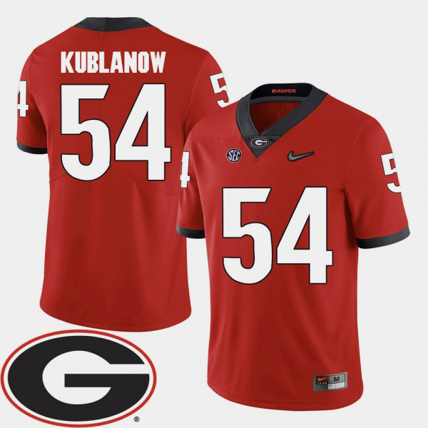 Men's #54 Brandon Kublanow Georgia Bulldogs College Football 2018 SEC Patch Jersey - Red